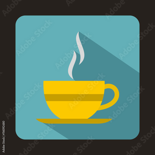 Cup of hot drink icon in flat style on a baby blue background
