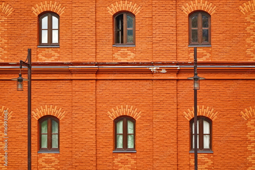 Red Brick Wall Facade With Six Arched Windows