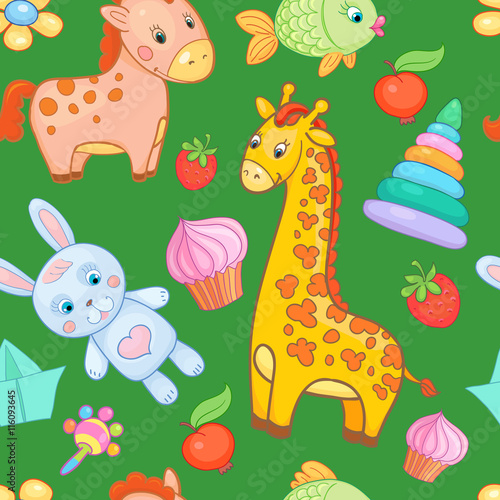 Baby toys seamless pattern vector animal background.