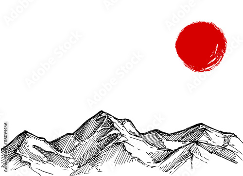 Hand drawn vector illustration - landscape with mountains and re © Kate Macate
