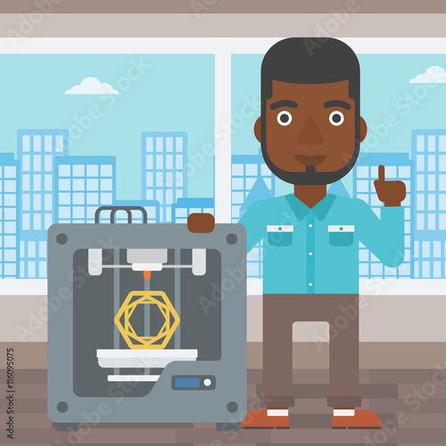 Man with three D printer vector illustration.