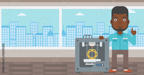 Man with three D printer vector illustration.