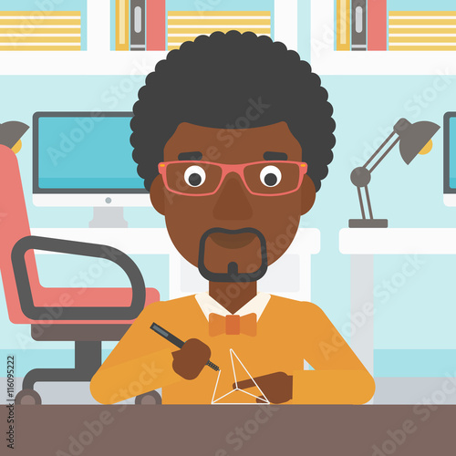 Man using three D pen vector illustration.