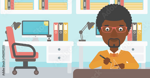 Man using three D pen vector illustration.
