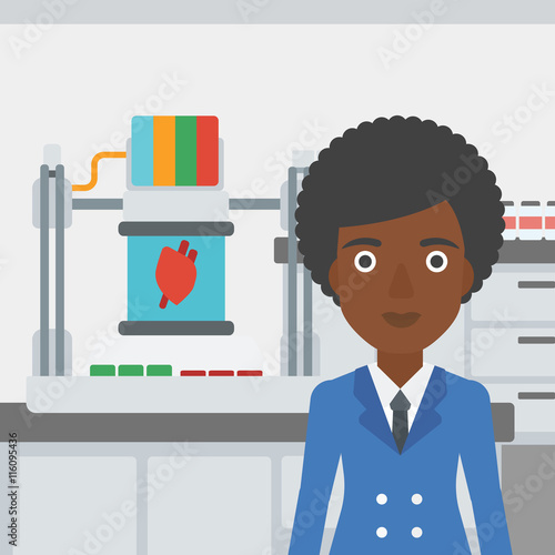 Woman with three D printer vector illustration.