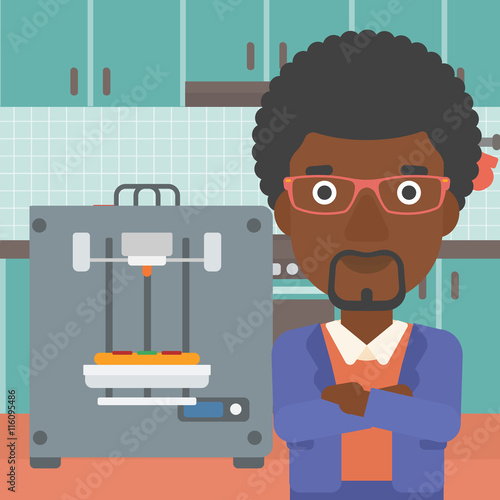 Man with three D printer vector illustration.
