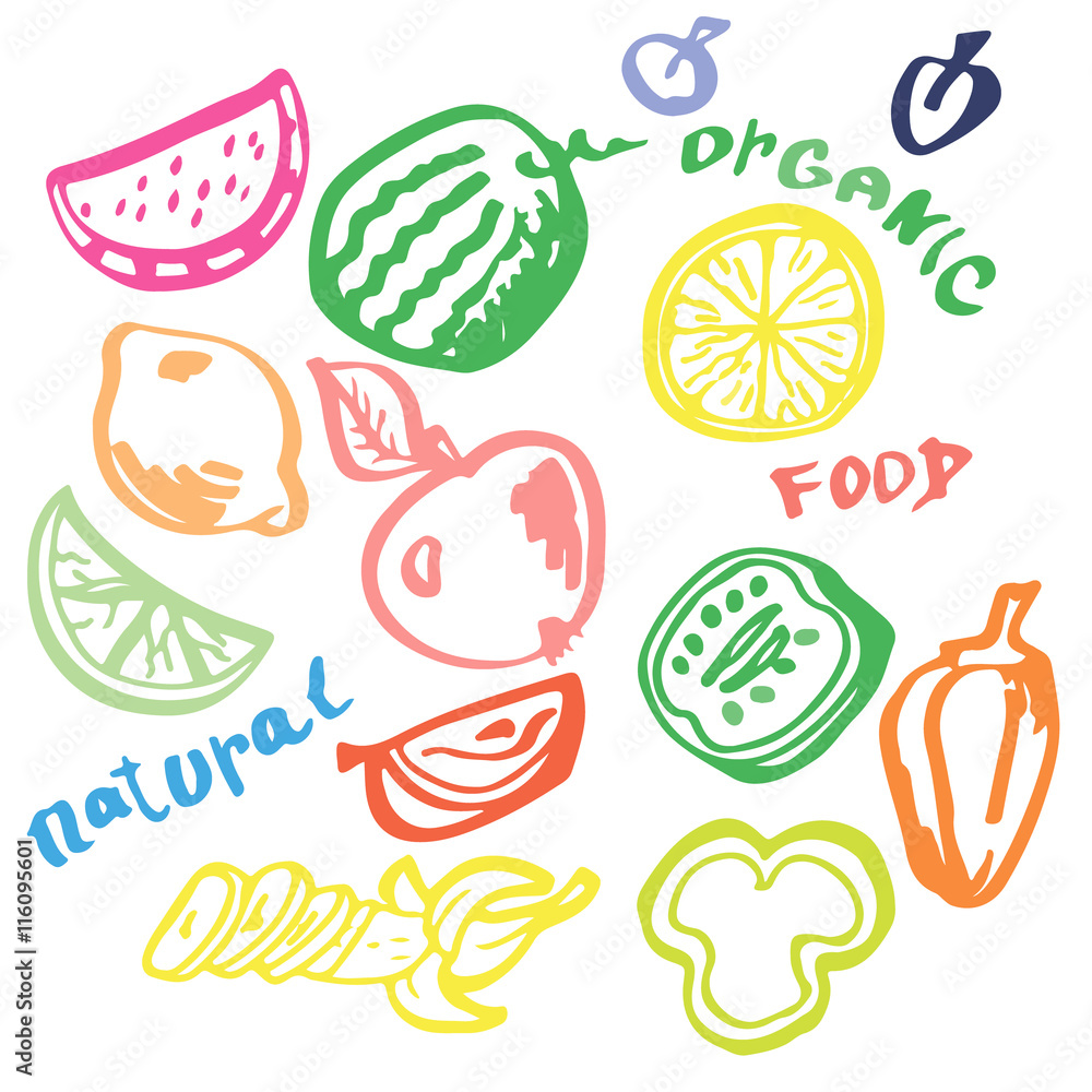 Fruit. Vegetables. Vector. Hand-drawn. Fruit. Vegetables. Vector. Hand-drawn.