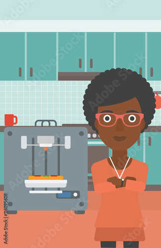 Woman with three D printer vector illustration.