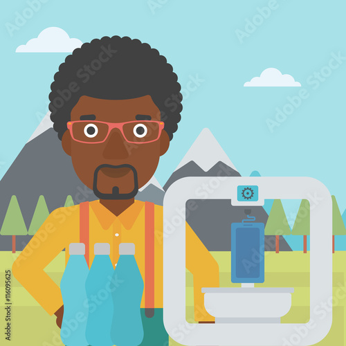Man with three D printer vector illustration.