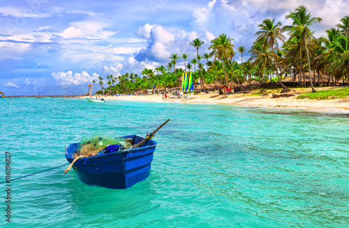 Fototapeta Naklejka Na Ścianę i Meble -  Fishing boat at the sea coast of the Dominican Republic. Blue fishing boat.
