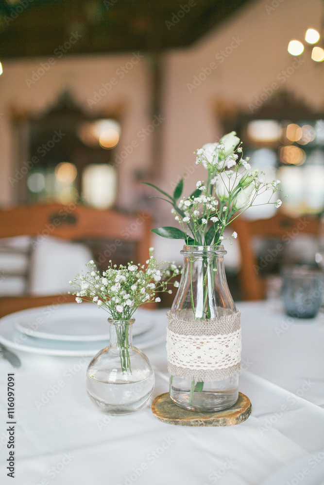Wedding decorated bottle with flower - obrazy, fototapety, plakaty 