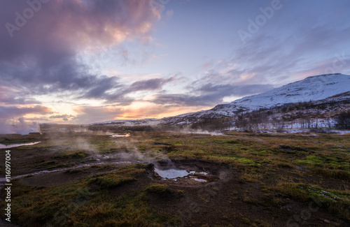 The colorful geyser landscape at the Haukadalur geothermal area, part of the golden circle route, in Iceland © Daniel