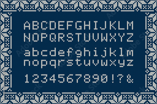 Knitted Latin Alphabet on Seamless Background. Nordic Fair Isle Knitting Sweater Design. Christmas Font on Vector Knitted Texture