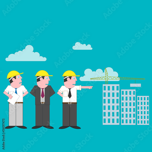 the customer and the performer look at houses under construction and discuss the construction
