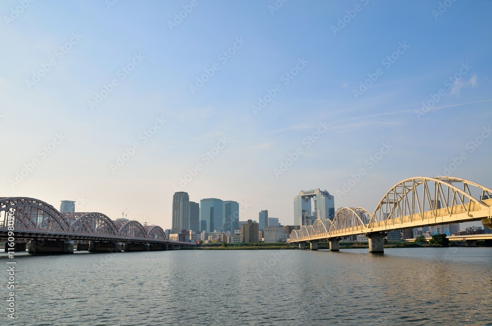 Obraz premium 淀川河川敷からみた梅田ビル群