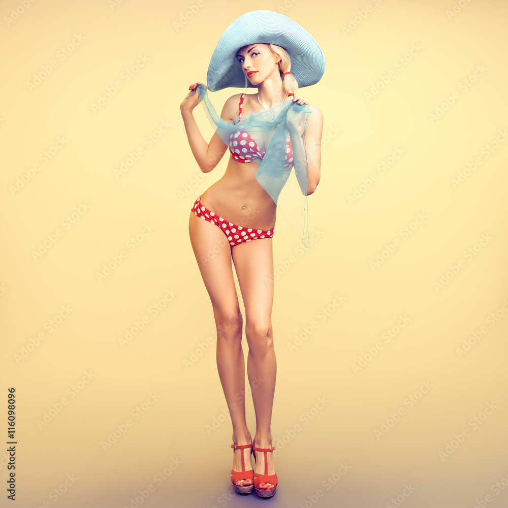 Fashion. woman in fashion Beach swimsuit. Playful Sexy blonde girl. Summer Stylish pinup bikini, Hat. Sexy Trendy red beach swimsuit, Pinup fashion. Summer holiday,Unusual Creative Stock Photo | Adobe