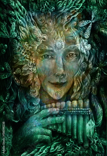 forest fairy shaman with panflute and crystal, detailed colorful illustration © fluenta