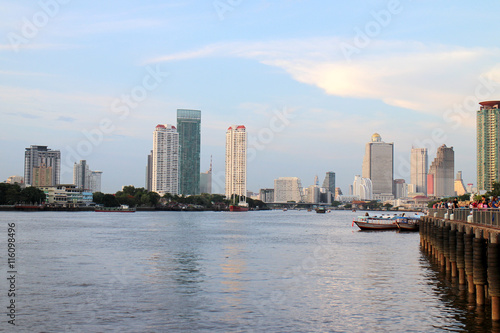 Bangkok pier riverside Thailand  view high building tower  condominium and hotel.
