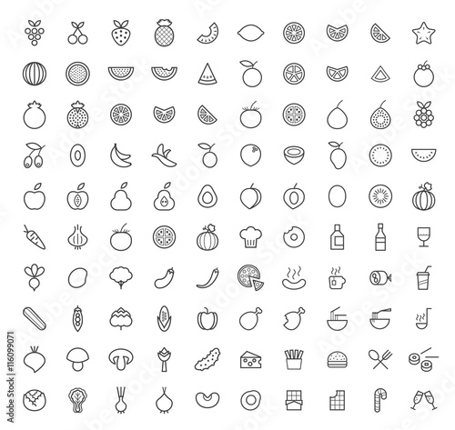 Set of 100 Isolated Minimal Modern Simple Elegant Black Icons   Fruits   Vegetables and other Food  .