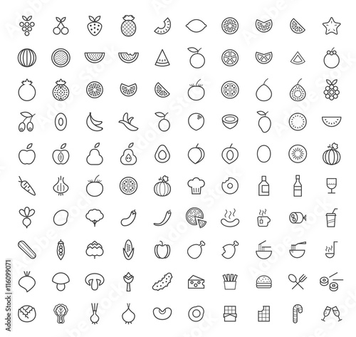 Set of 100 Isolated Minimal Modern Simple Elegant Black Icons ( Fruits , Vegetables and other Food ).