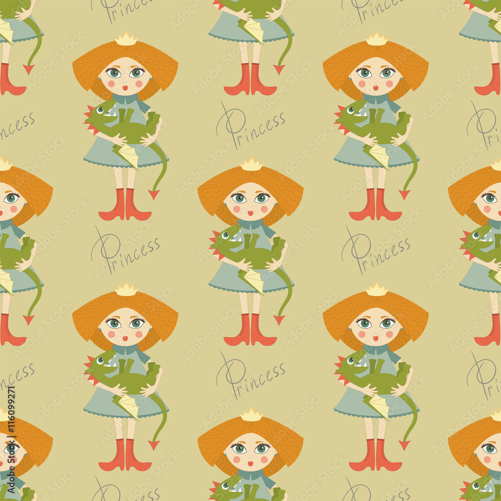 Seamless pattern. Cute princess with red hair holds a small dragon
