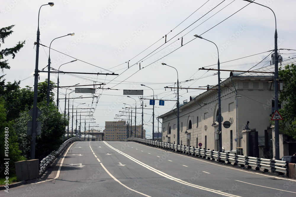 empty four-lane road without cars in city Moscow
