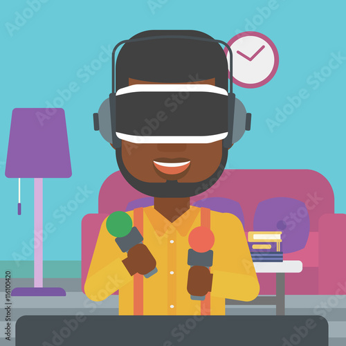 Man in virtual reality headset playing video game.