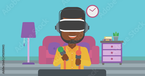 Man in virtual reality headset playing video game.
