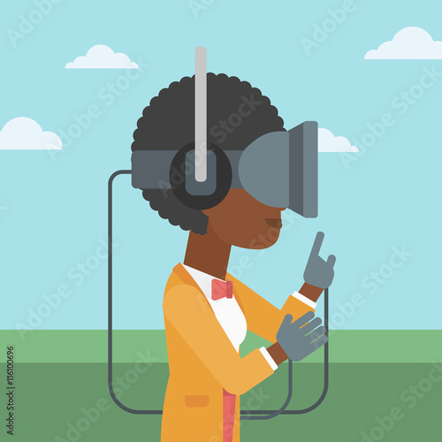 Woman wearing virtual reality headset.
