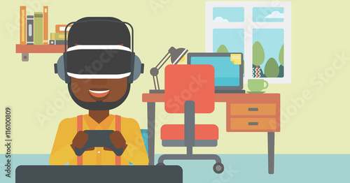 Man wearing virtual reality headset.