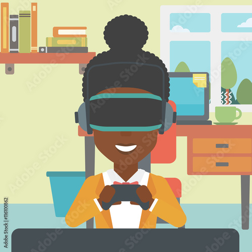 Woman wearing virtual reality headset.