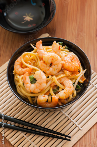 King Prawn Chow Mein or Lo Mein stir fried prawns with egg noodles vegetables and bean sprouts