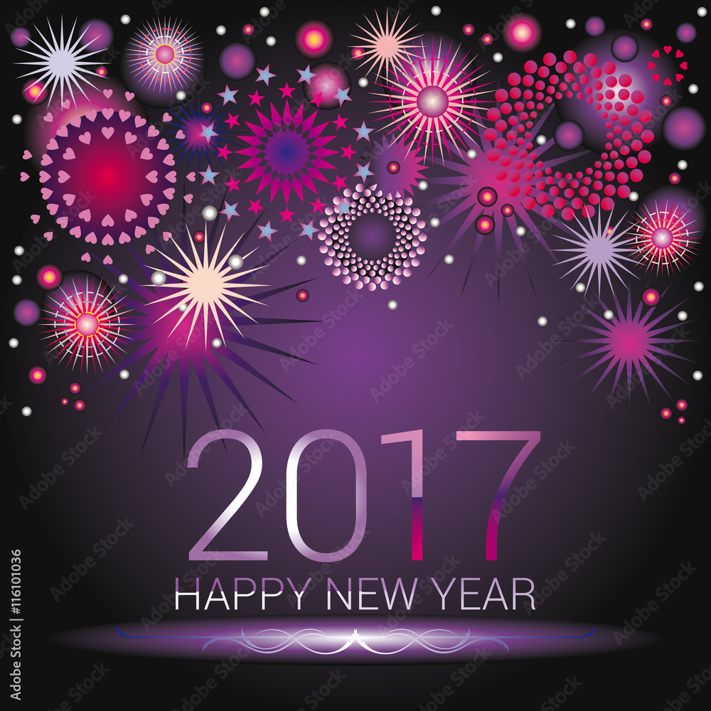 Happy New Year numerals with colorful fireworks design on an purple gradient background