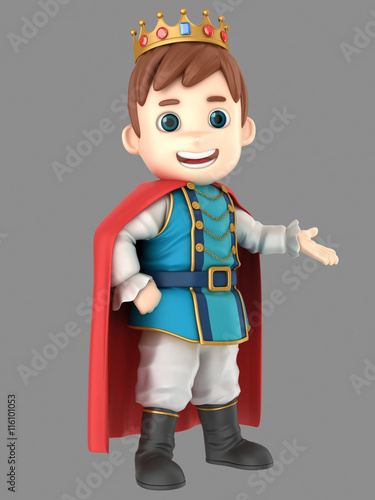 3d illustration of a cute prince presenting something