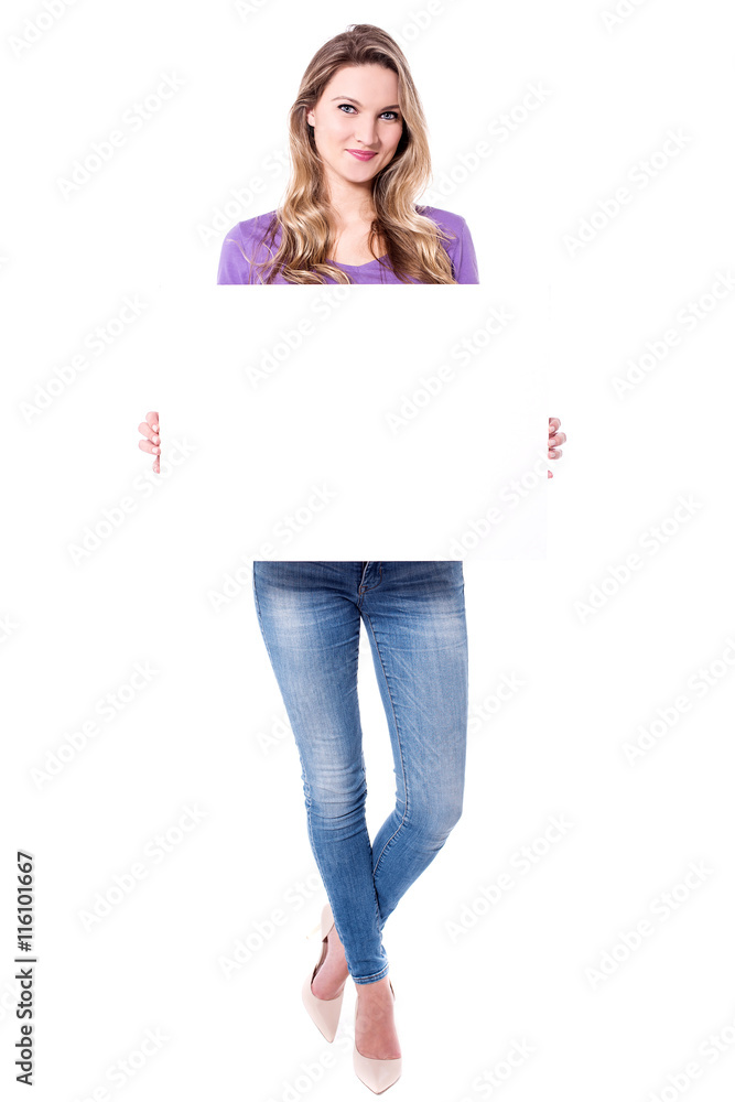 Cute young woman holding a blank board. Cute young woman holding a blank board.