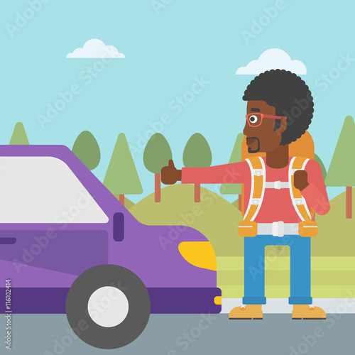 Young man hitchhiking vector illustration.