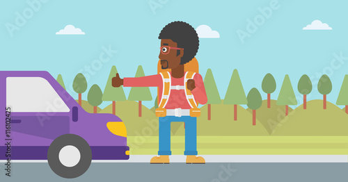 Young man hitchhiking vector illustration.
