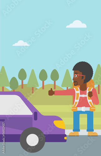 Young man hitchhiking vector illustration.