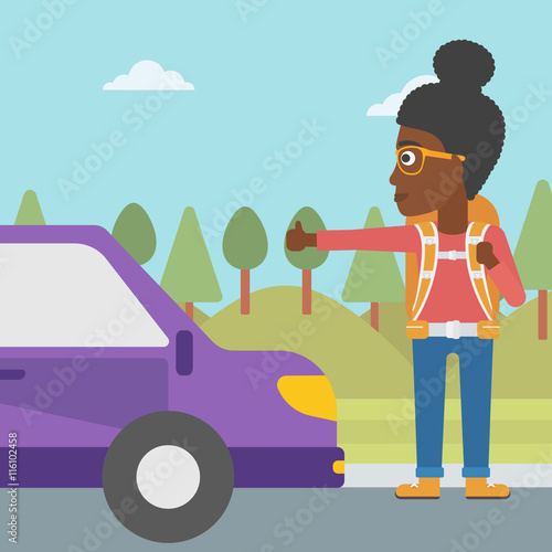 Young woman hitchhiking vector illustration.