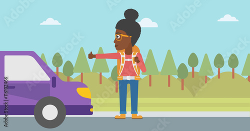Young woman hitchhiking vector illustration.