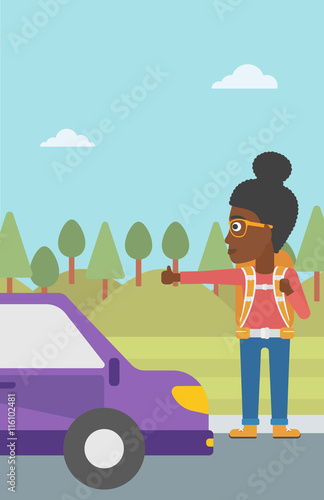 Young woman hitchhiking vector illustration.