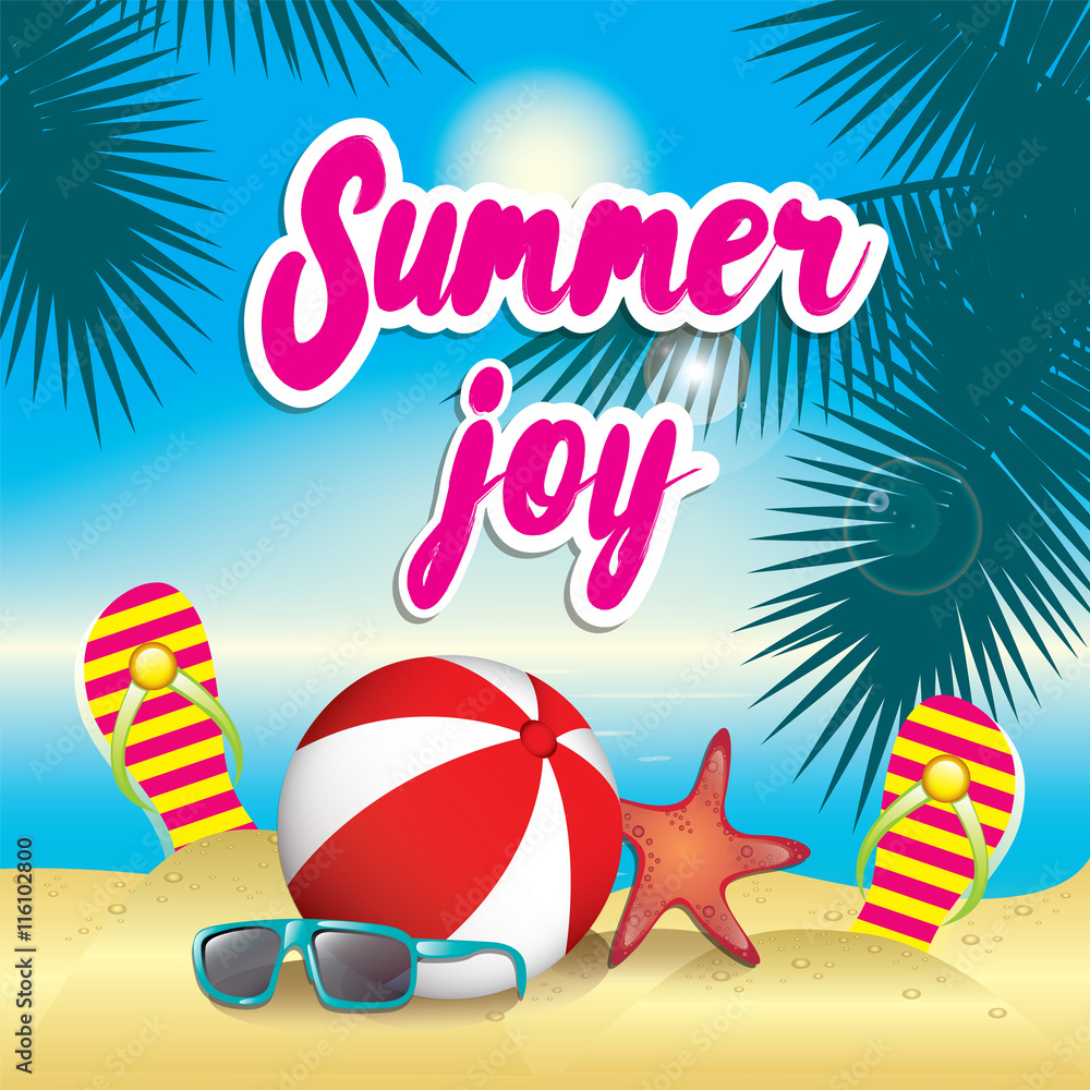 Summer illustration. Sea and palm trees. Ball, sandals and starfish. Vector picture for a card, poster or print on clothes.