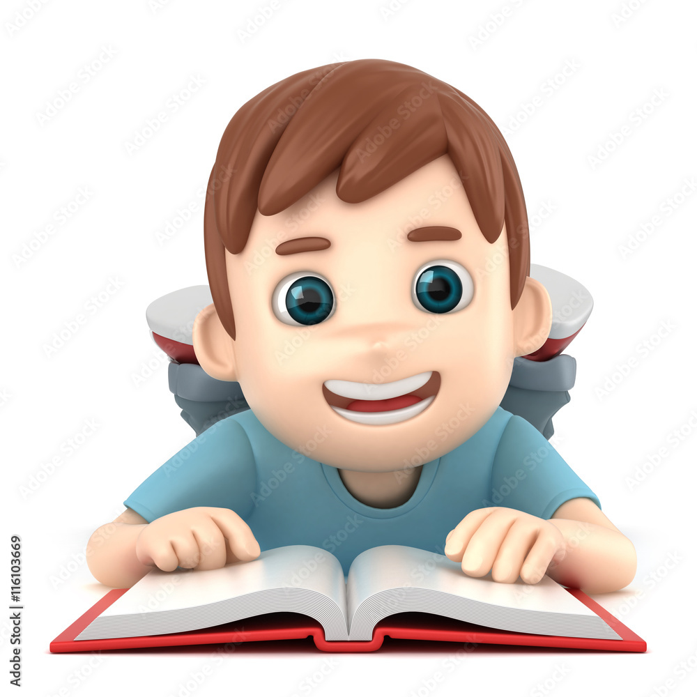 3d illustration of a boy reading while laying on the floor 3d illustration of a boy reading while laying on the floor