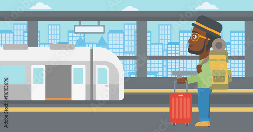 Man at the train station vector illustration.