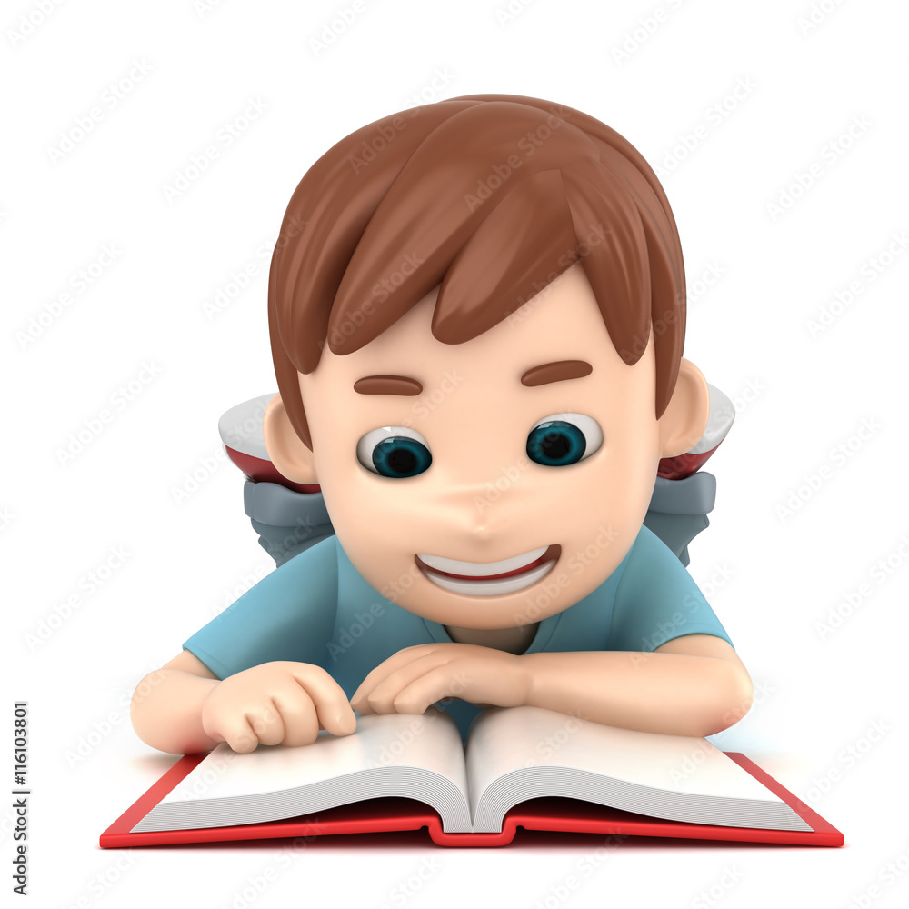 3d illustration of a boy reading while laying on the floor 3d illustration of a boy reading while laying on the floor