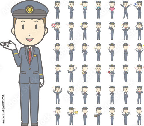 若い駅員男性vol.1（案内・指差し・笑顔など, 様々な表情やポーズのイラストをセット）