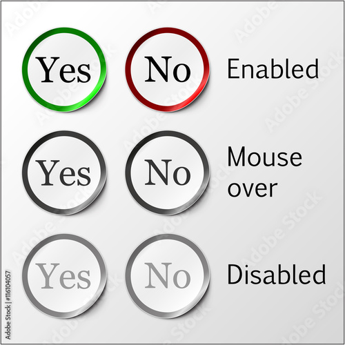 Set of round yes and no stickers with peeled off corner and shadow. For web buttons usage (enabled, disabled and mouse over options). Cut out frames for easier usage are included. EPS 10.