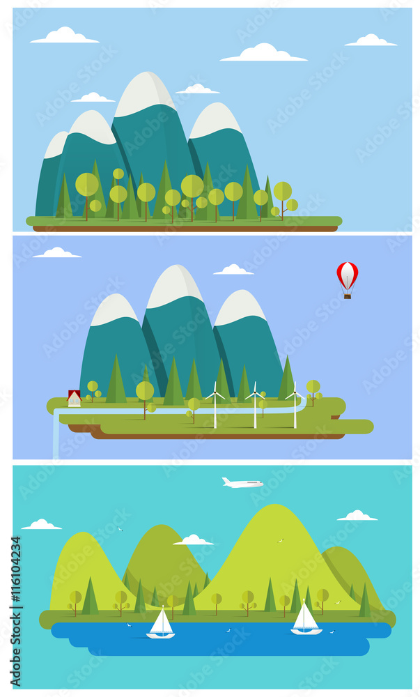 Flat design nature landscape illustration with sun, hills and clouds.