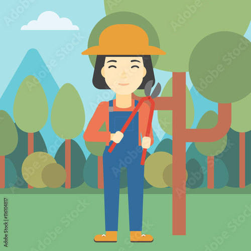 Female farmer using pruner vector illustration.