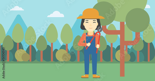 Female farmer using pruner vector illustration.